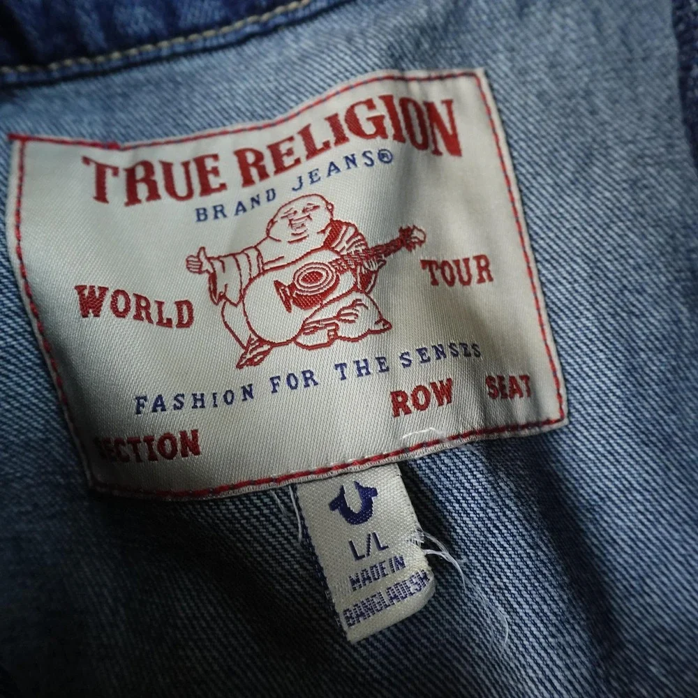 NEW True Religion Jacket Mens L Blue Denim Jean Coat Type 3 Trucker Horseshoe